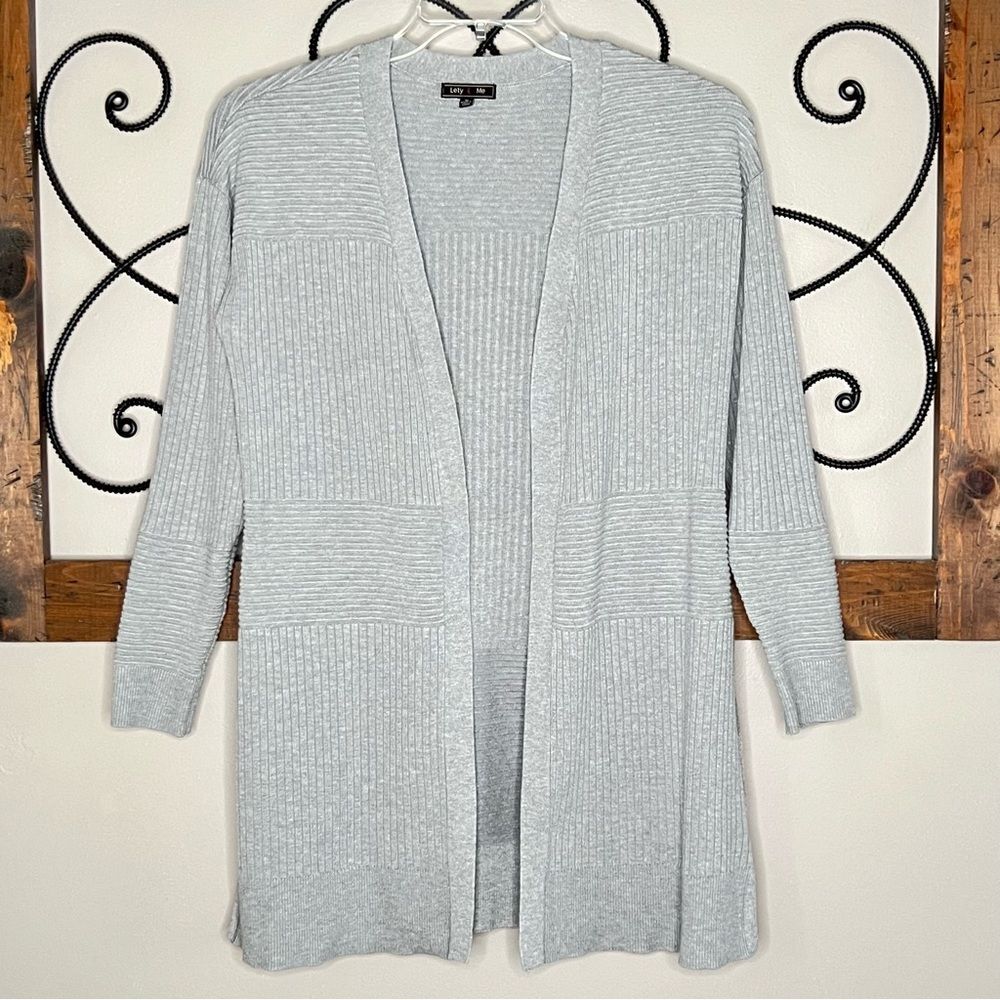 Lety & Me Heather Heather Grey Ribbed Mixed Stitch Open Front Cardigan Size M - Picture 2 of 15